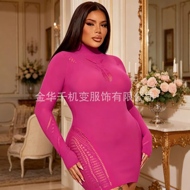 Foreign Trade European and American Style Erotic Lingerie, Sexy Fishnet Bodysuit, Long-Sleeved Bodycon Dress, Rose Dress