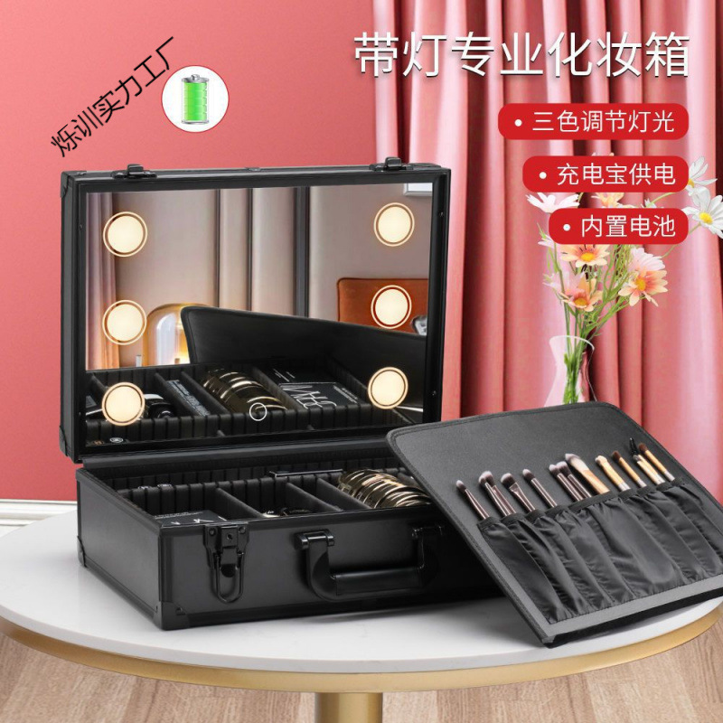 Handheld cosmetic capacious storage box for manicure, mirror with light