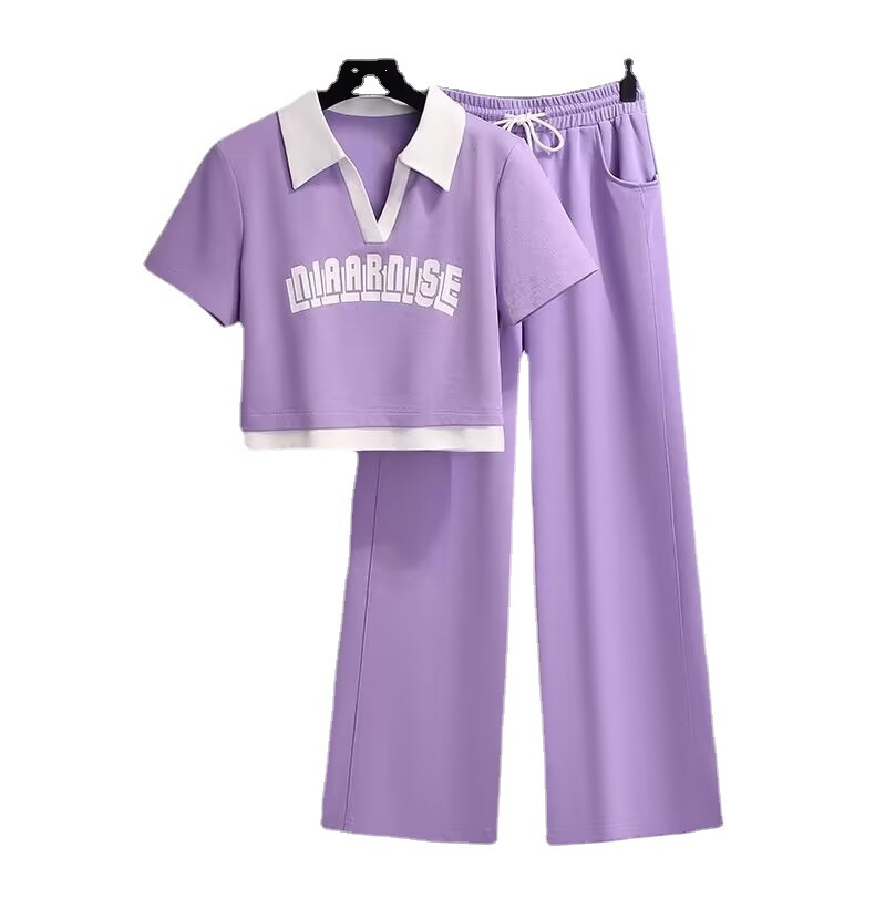 Casual Sports Suit For Women, Summer 2023 New Trendy Fashion Sweatshirt And Wide-leg Pants Two-piece Running Outfit_ecoleips.com