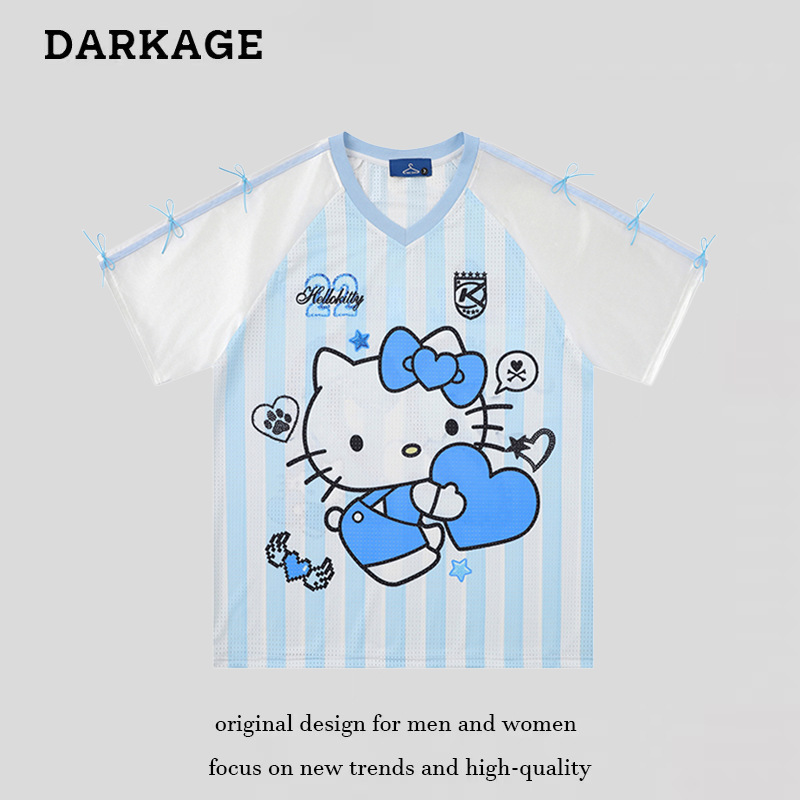 American Casual Cute Hello Kitty V-Neck Short-Sleeved T-Shirt for Women 2026 Vertical Stripesd Loose Sports Style Jersey Top