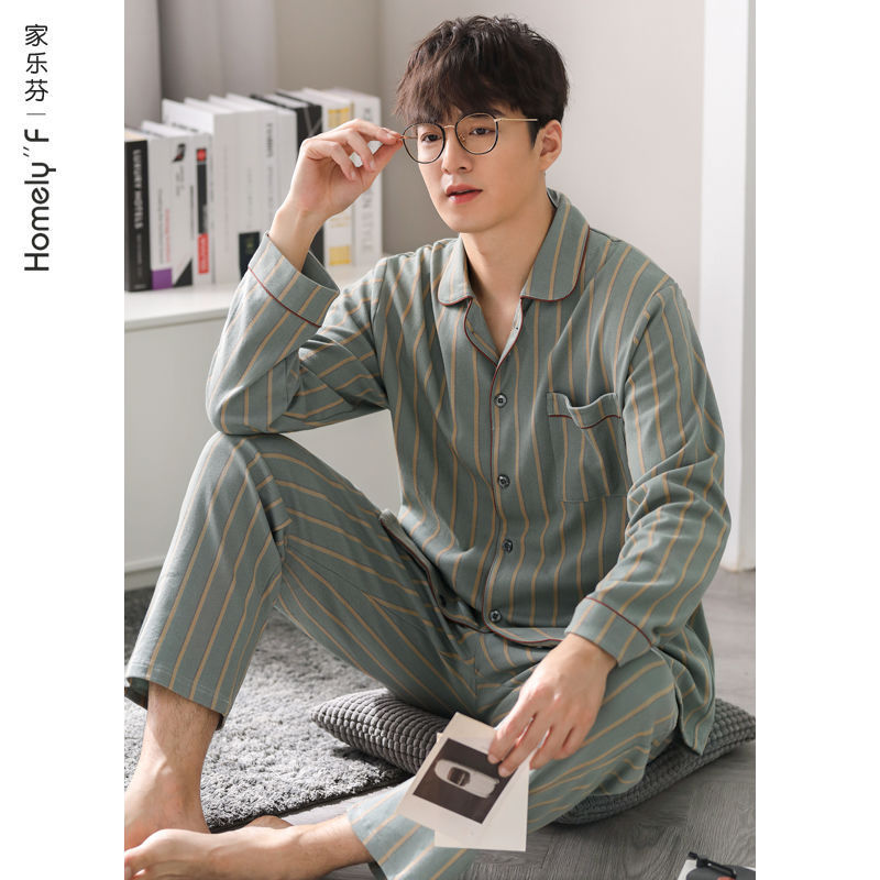 Pijamas de algodón para hombres primavera y otoño ropa de hogar de manga larga para hombres set de cuatro estaciones