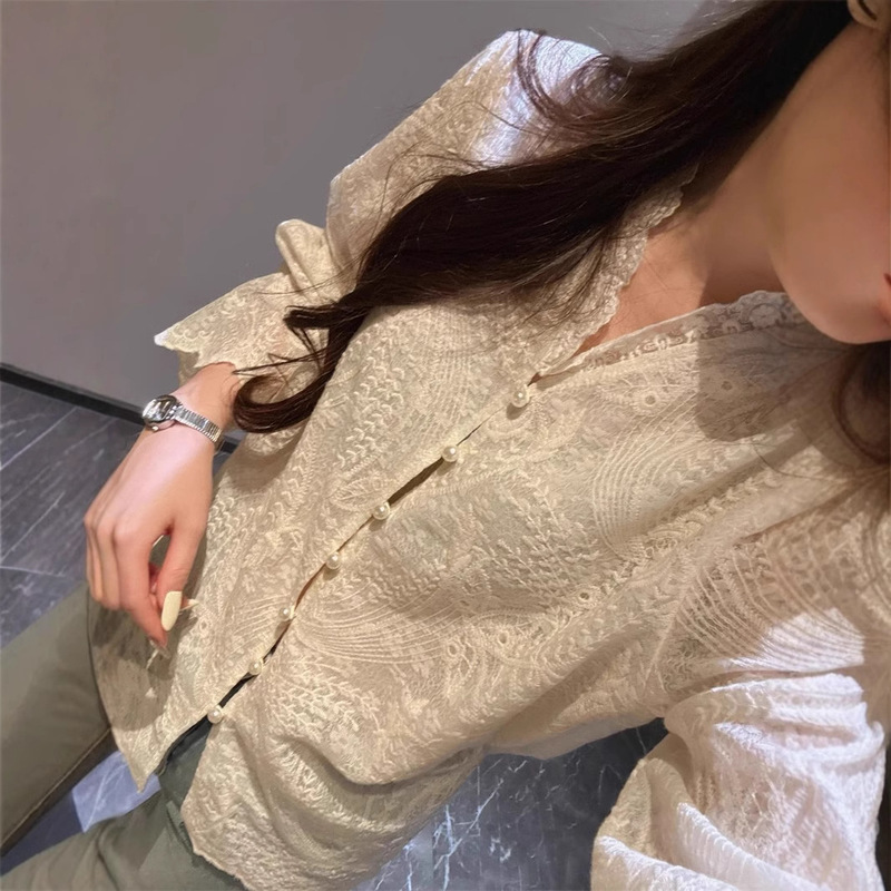 French Heavy Embroidered Top V-Neck Lace Shirt Long Sleeve Cardigan Horn Sleeve Shirt White Shirt for Women