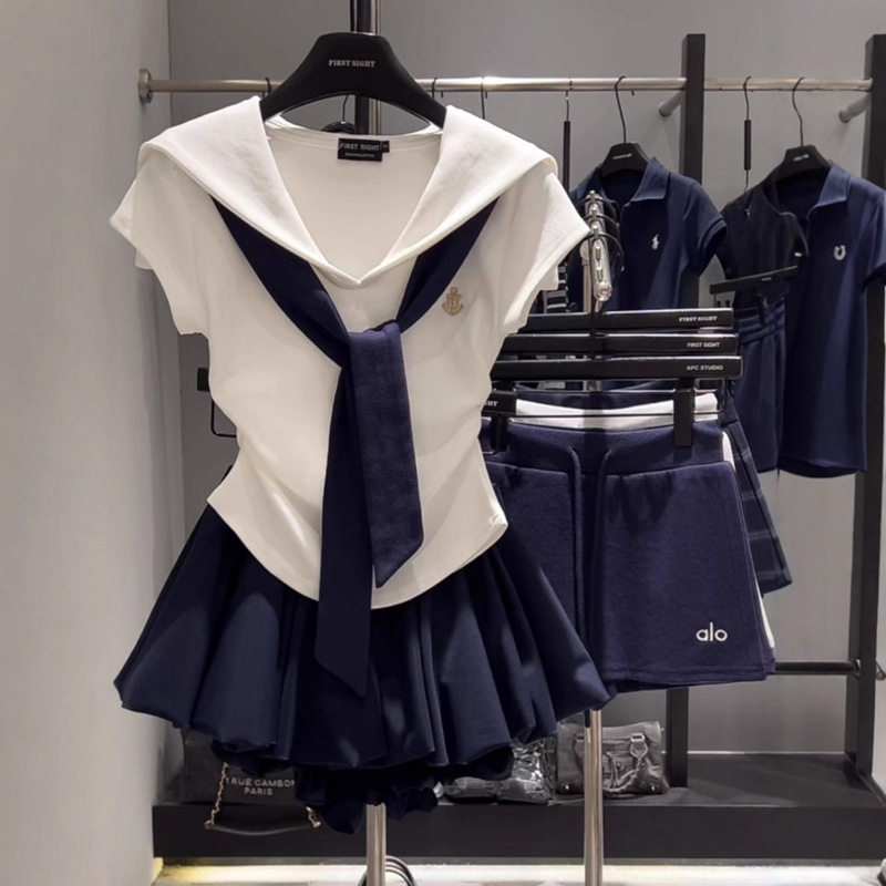 South Korea's Dongdaemun Sweet Casual Suit Women's Navy Style Fake Two-Piece Shawl T-Shirt Short Skirt Fashion Two-Piece Trendy Set
