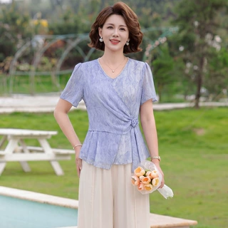 妈妈夏装短袖V领小衫套装40岁50新款中老年女时尚气质减龄上衣服