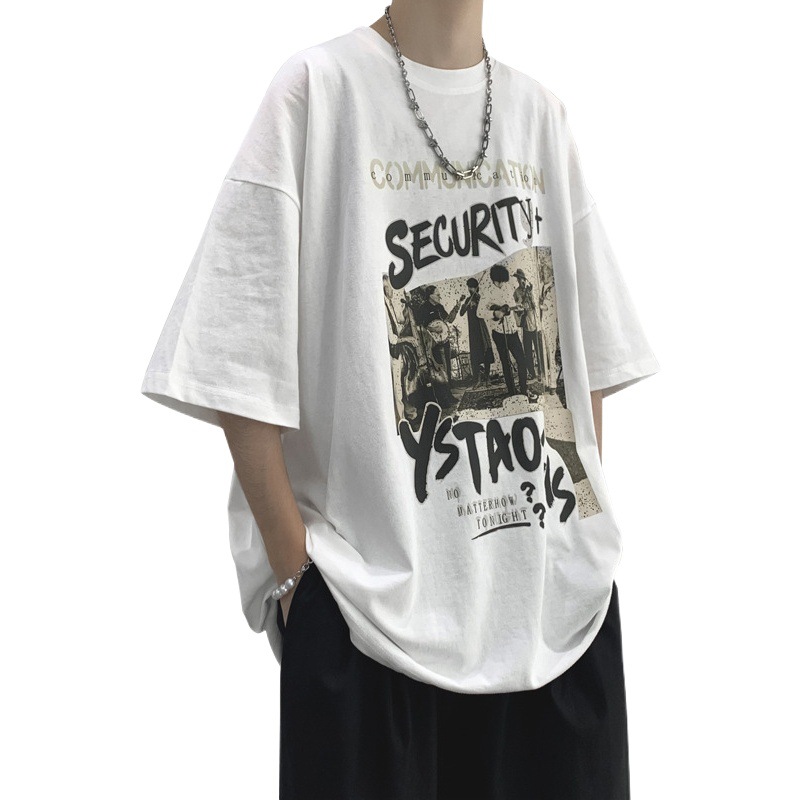 Camiseta de manga corta de los hombres más el tamaño suelto todo partido cuello redondo Camiseta verano ins casual estilo de Hong Kong guapo media manga superior