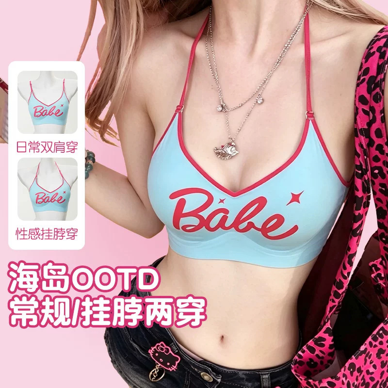 New American-Style Halter Neck Bra for Small Busts, with Push-Up Effect, Open Back, Cross-Back Design, Thin Straps, Can Be Worn as Outerwear New American-Style Halter Neck Bra for Small Busts, with Push-Up Effect, Open Back, Cross-Back Design, Thin Straps, Can Be Worn as Outerwear