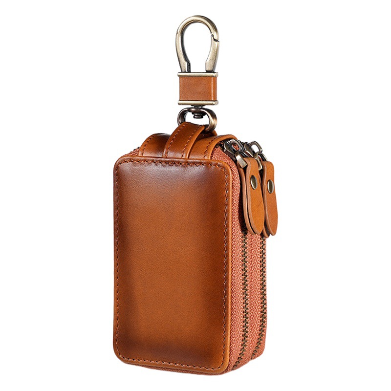 Cross-border universal leather car key case retro oil wax leather double zipper door key car key protective cover