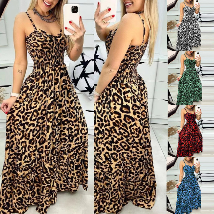 European and American New Leopard Sling V-neck Dress High Waist Dress Sexy Elegant Fashion Dress Foreign Trade Women's Dress European and American New Leopard Sling V-neck Dress High Waist Dress Sexy Elegant Fashion Dress Foreign Trade Women's Dress