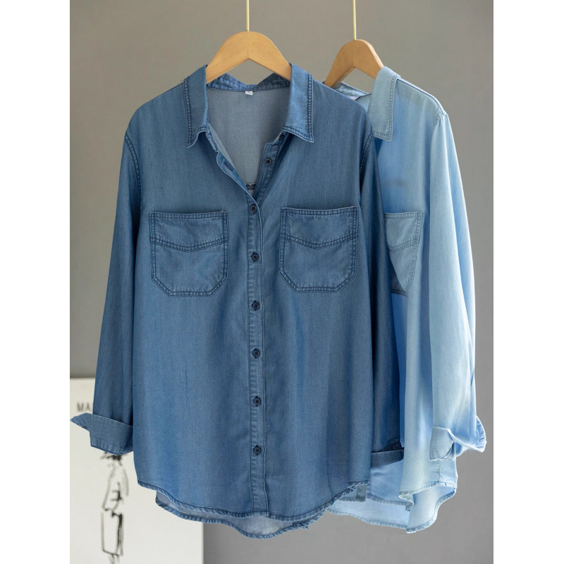 Foreign Trade Export High-end Washed Denim Shirt Women's Design Sense Niche Loose All-match Stacked Shirt Drain Sense Base