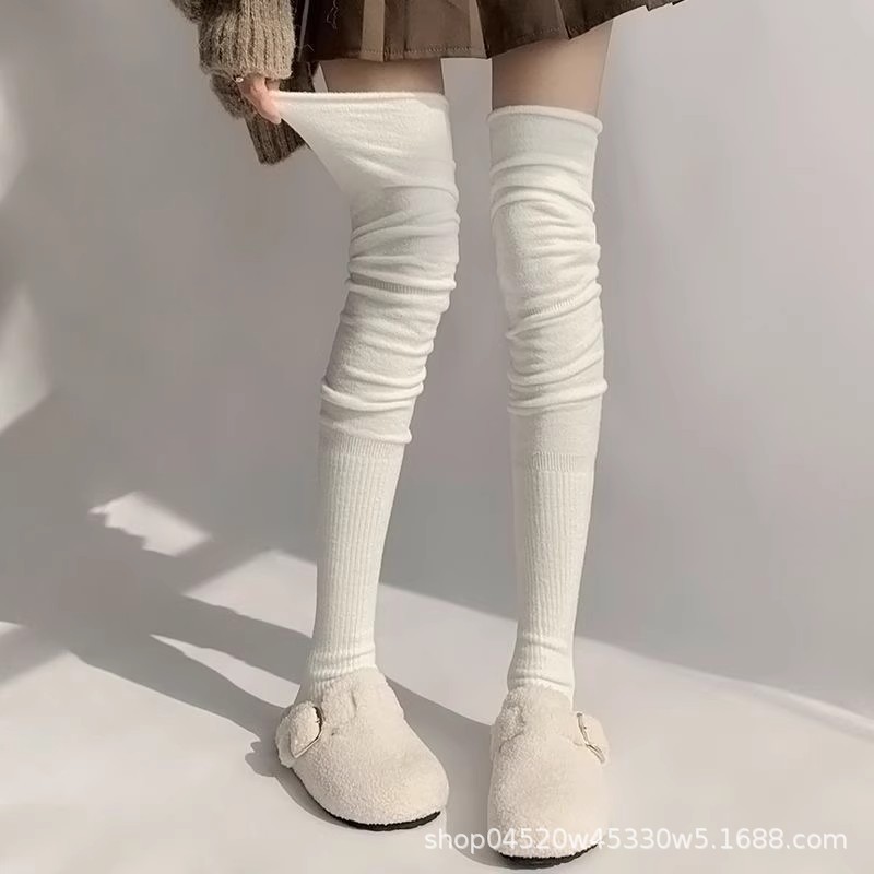 秋冬季加绒过膝袜子女秋冬季长筒加厚保暖卷边暖色小腿袜套堆堆袜|undefined