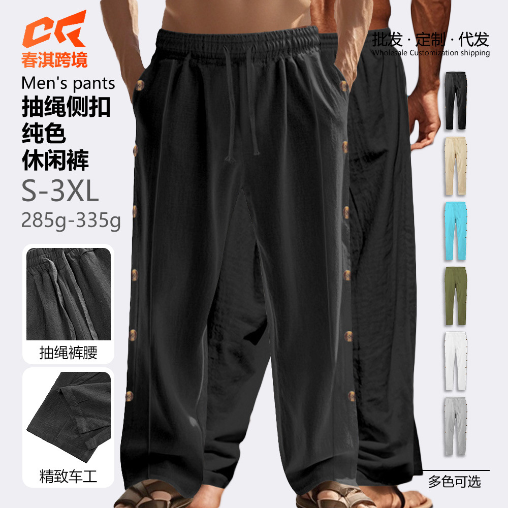 Transfronterizo Amazon lino primavera y otoño estilo americano hombre pulgar hebilla vertical color puro transpirable cómodo pantalones casuales rectos