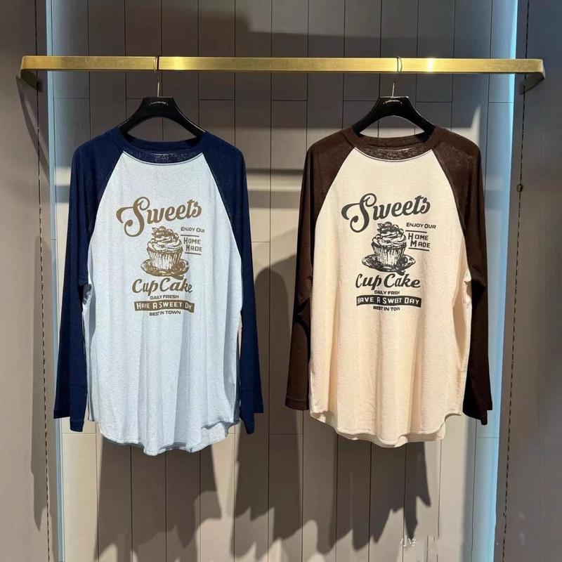 Japanese Order m Brand 2025 Autumn New Casual Style Color-Blocking Letter Print Long-Sleeve T-Shirt for Women 028Iaa90-0721