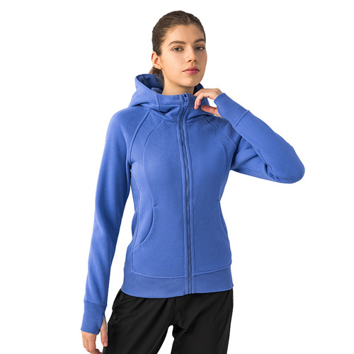 New autumn and winter hooded thick slim yoga sweatshirt warm solid color mittens long-sleeved jacket for women with pockets