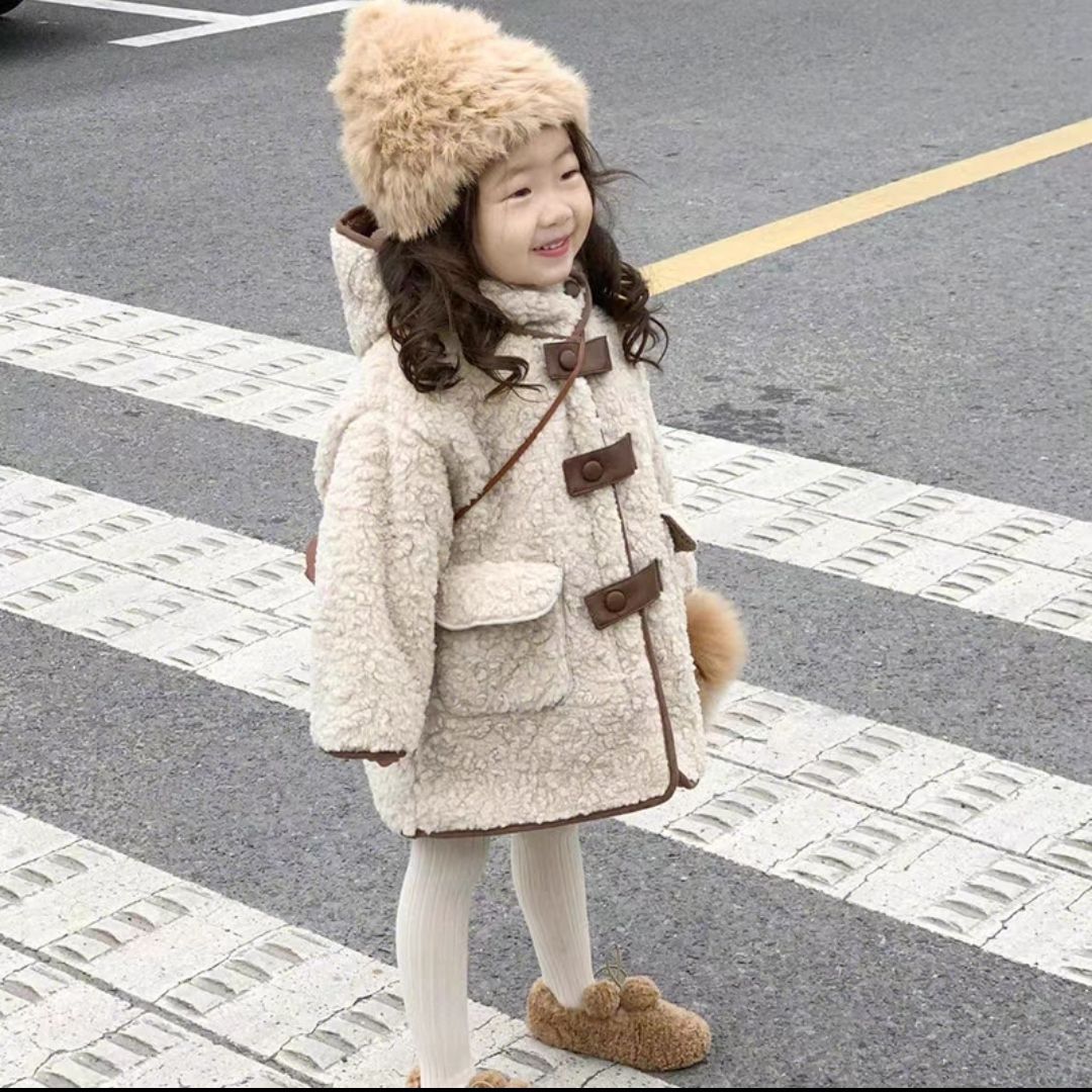 女童秋冬外套女孩羊羔绒加厚加绒中长款连帽大衣女宝宝韩版毛毛衣
