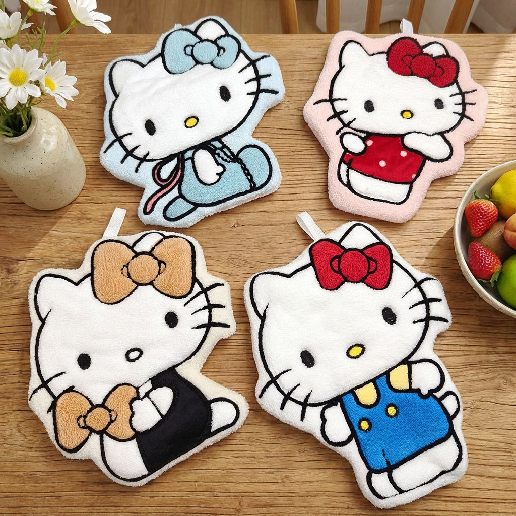 儿童擦手巾kt猫咪可爱卡通洗手小毛巾双层加厚干珊瑚绒擦手帕挂式