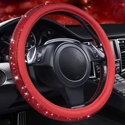 Source Factory Cross-Border Rhinestone-Embellished Leather: Steering wheel cover - red-diamond-on-red-background-38cm
