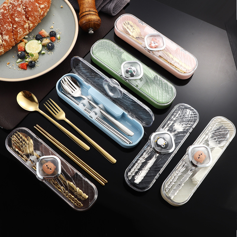 304 Stainless Steel Tableware Student Cartoon Portable Tableware Set for Work and Outdoor Use Fork Spoon Chopsticks Three-Piece Set 304 Stainless Steel Tableware Student Cartoon Portable Tableware Set for Work and Outdoor Use Fork Spoon Chopsticks Three-Piece Set