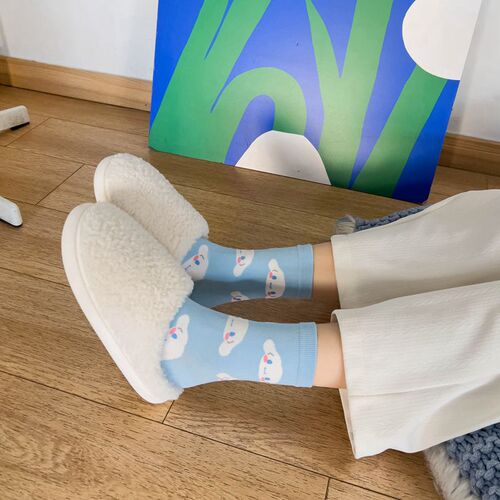 Japanese cartoon socks for women, blue combed cotton mid-length socks for women, cute puppy stockings, dropshipping
