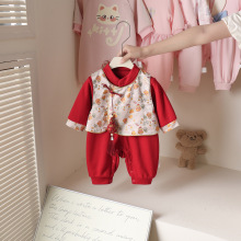 秋款婴儿衣服周岁宝宝红色喜庆礼服套装满月百天连体衣生日抓周