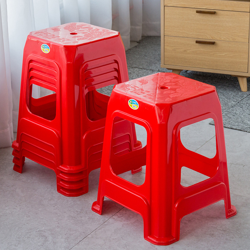 花开富贵塑料加厚款大红四方凳家用高凳简易客厅椅子餐桌高脚凳子