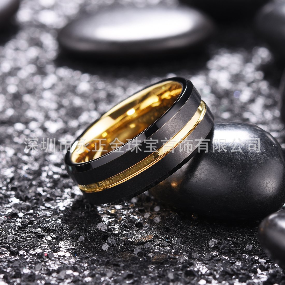 亚马逊跨境 黑间金男士钨钢戒指 欧美时尚电镀双色钨金饰品-阿里巴巴