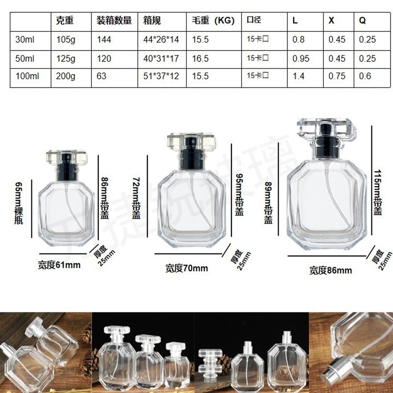 スポット卸売りバヨネット30ml 50ml 100ml透明八角形ガラス香水瓶ポータブル分注瓶Tカバー|undefined