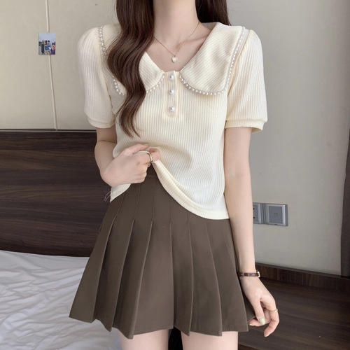 French-style ruffle neckline beaded short-sleeve women's summer top for plus-size sisters, design-conscious slim-fit short-length top