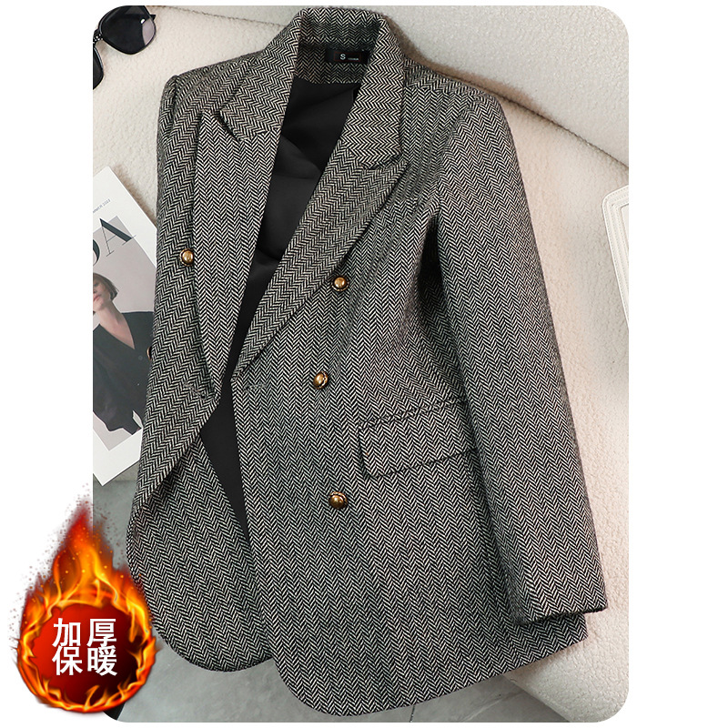 【海外貿易人気商品】高級ウールコーヒー色の綿入りスーツジャケット レディース 2026春秋 韓国風ダブルブレストジャケット