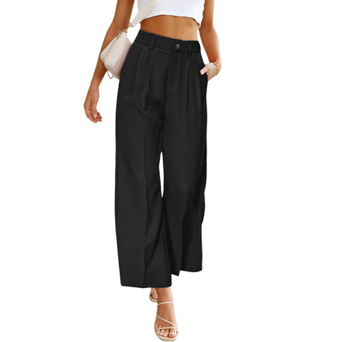 2023 spring and summer new style European and American cross-border women's casual wide-leg formal pants high-waist button trousers with pockets