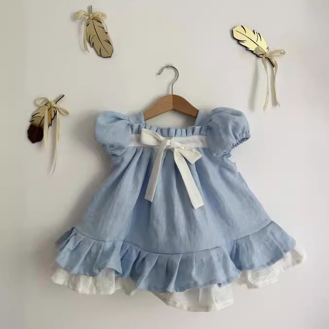 106059819@qq.com 2024ins Eastern European Summer Linen Girls' British Patchwork Casual Palace Style Puff Sleeve Dress In Stock_voghion.com
