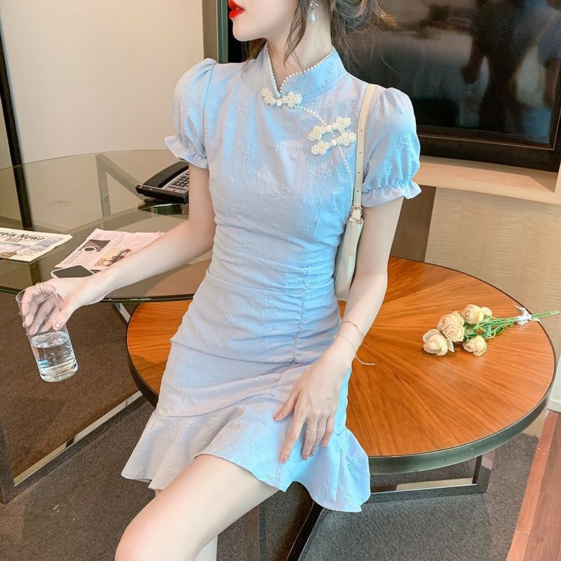 国风复古连衣裙女夏2025新款小个子短款改良旗袍修身显瘦鱼尾裙子