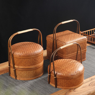 Handmade bamboo woven large paint basket double-layer food box round dessert basket with lid Pu'er tea cake storage basket moon cake gift box