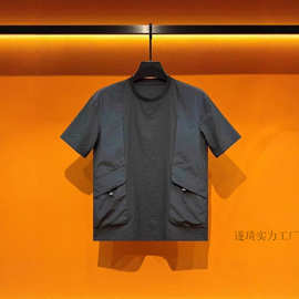 男士口袋短袖圆领设计机能恤衫半袖夏季新款潮牌宽松拼接体恤包邮