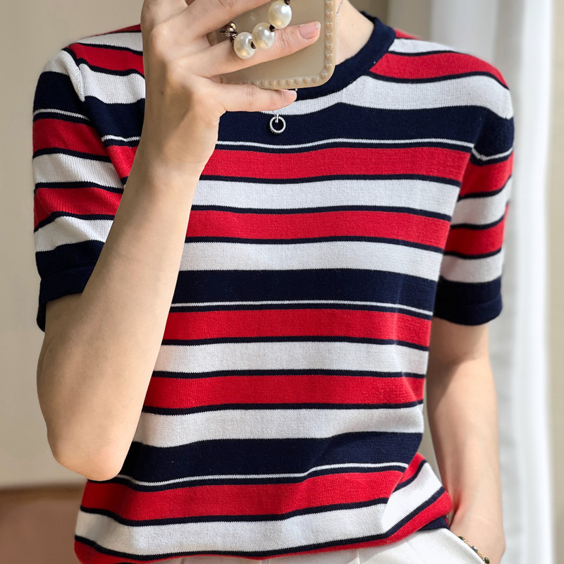 2022夏季跨境女式针织短袖 韩版圆领套头条纹T恤外搭上衣一件代发