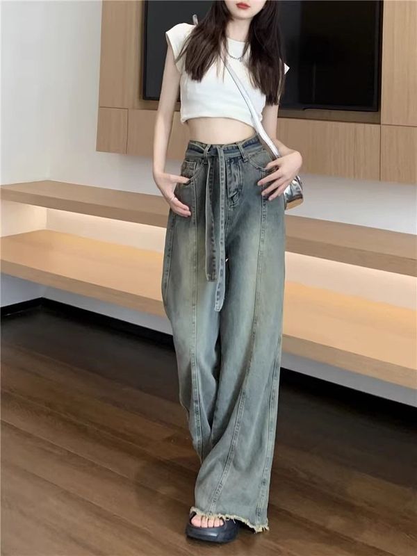 美式复古牛仔裤女装夏季做旧小个子高腰毛边宽松拖地长裤阔腿裤子|undefined