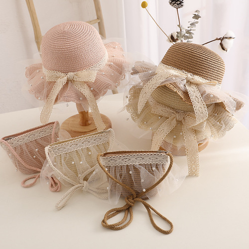 Children's Spring and Summer Straw Hat Sunproof Hat Summer Princess Hat Bag Set Beach Hat Sun Hat Girls