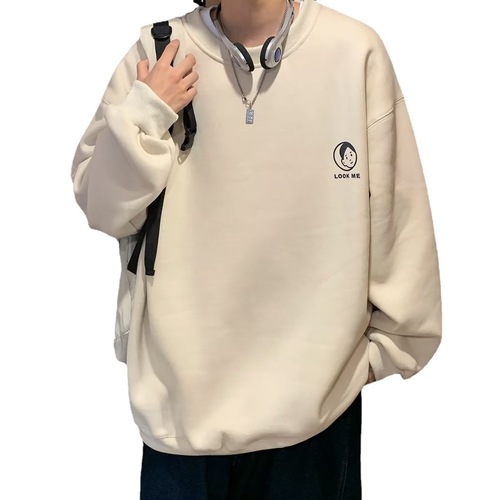 Men's Hong Kong Style Sweatshirt, Ins Trendy Brand Loose Casual Sweatshirt for Boys, Winter Warm Fleece Jacket, Youth Round Neck Capless Top