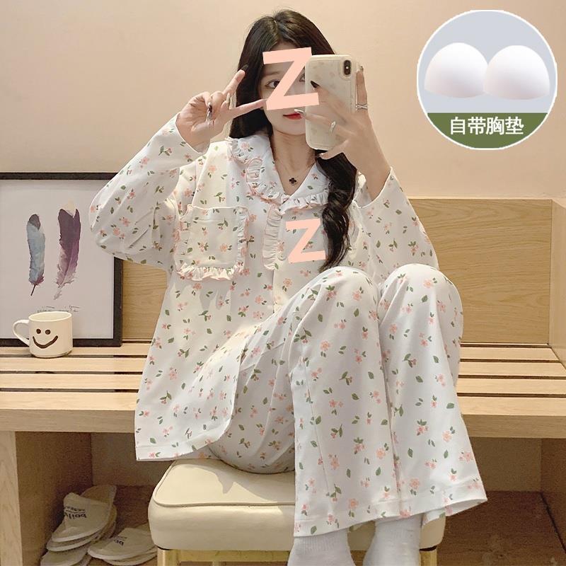 春と秋の女性用パジャマ、胸パッド付き長袖ズボン、膨らみ防止スーツ、冬と夏の女性のかわいい漫画のホーム服|undefined