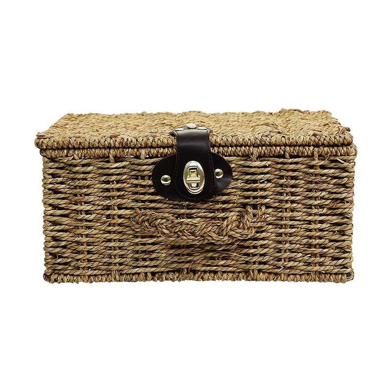 Cesta de almacenamiento de caña personalizada con cerradura de cubierta Caja de almacenamiento de algas tejida a mano picnic paquete de regalo de mano cesta de almacenamiento