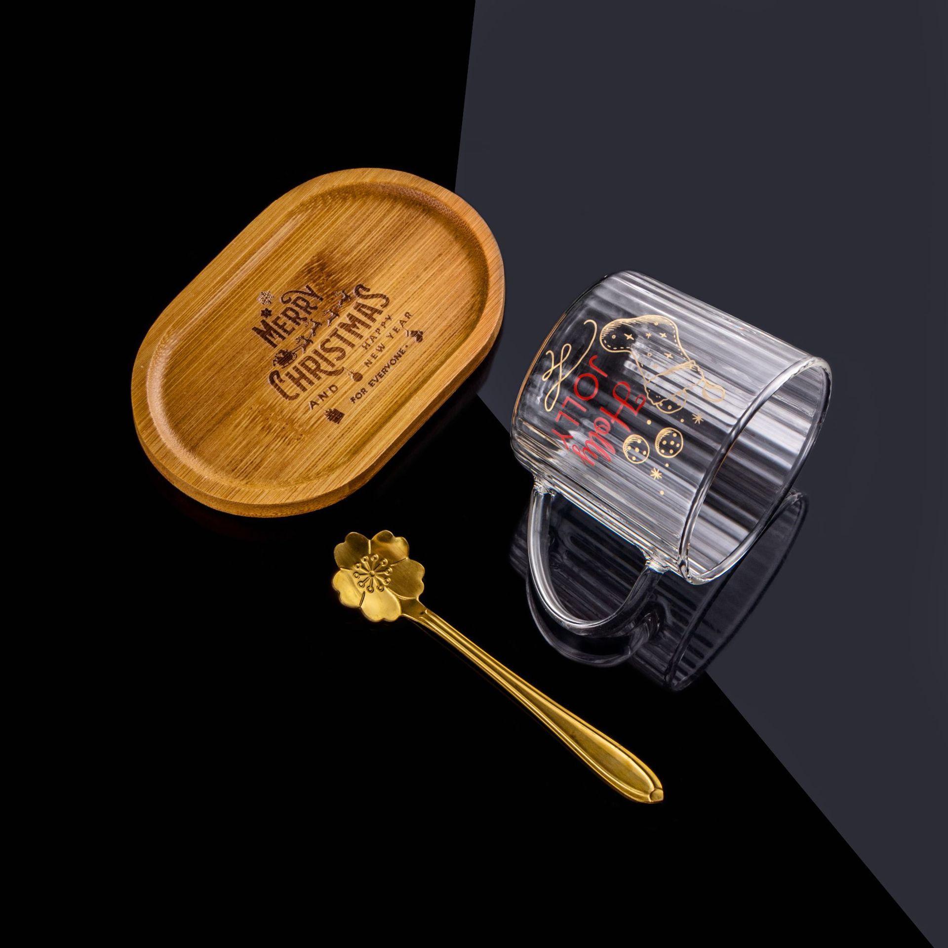 Tazas de vidrio personales creativas, plato de té de la tarde, taza de café inglesa de Navidad, taza de agua con cucharas de madera