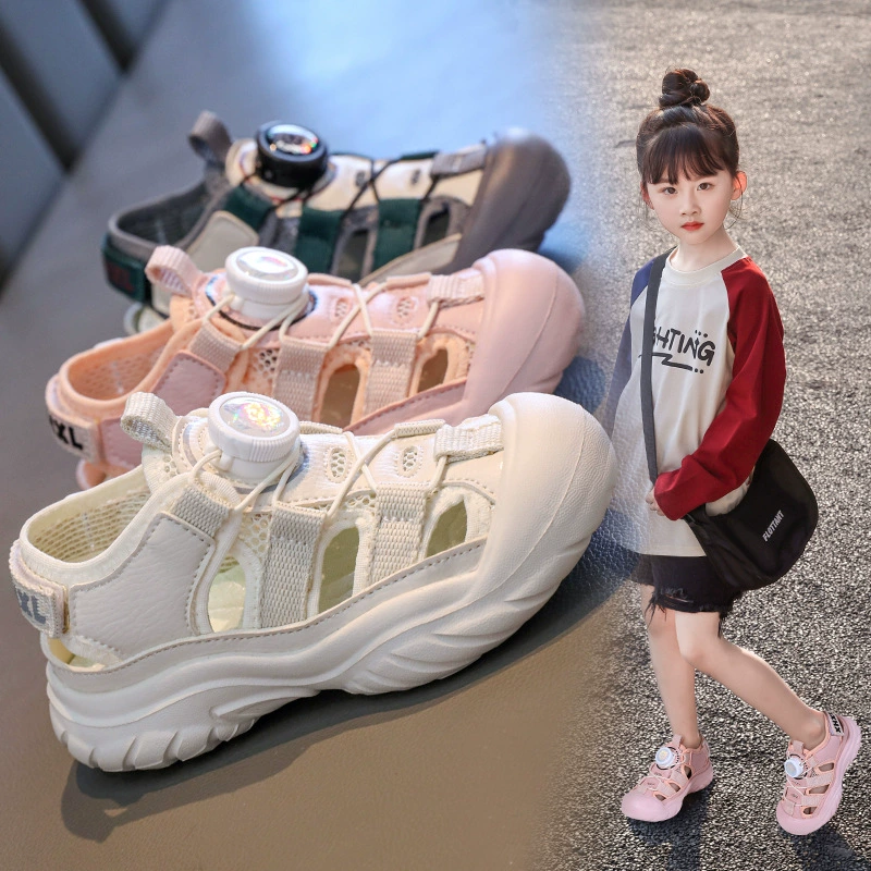 2025 летний новый стиль девушки Baotou спортивные сандалии детские вращающиеся пряжки полые дышащие рамки обувь пляжные сандалии