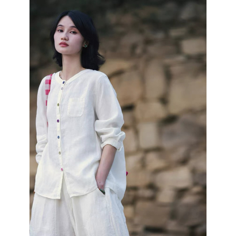Non-Real Shot Photo of Washed Wrinkle-Free All-Linen Breathable and Comfortable Round-Neck Women's Long-Sleeve Shirt Top for Summer