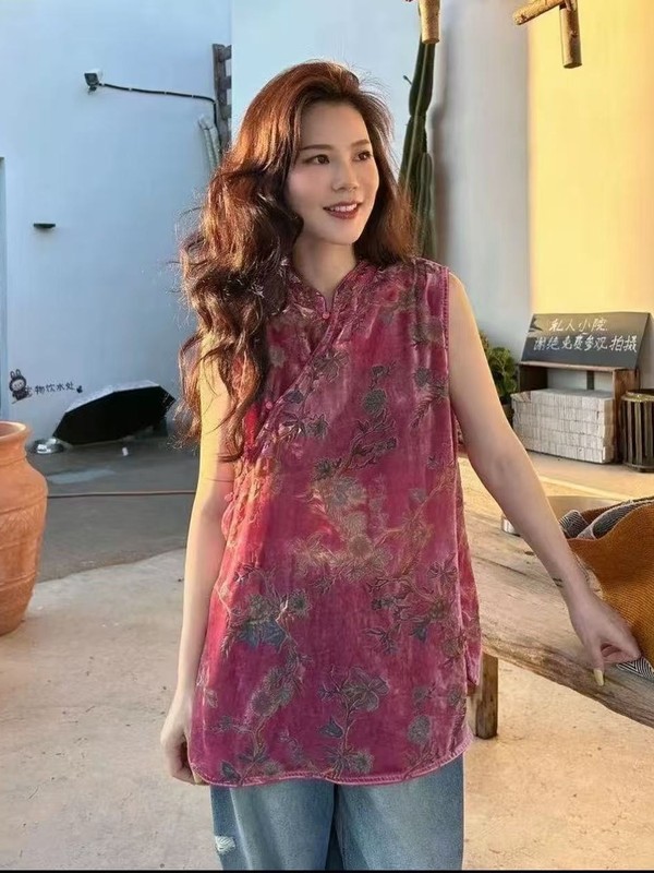 新中式国风丝绒烧花侧开叉轻奢上衣女2025复古奥黛旗袍绝美|undefined
