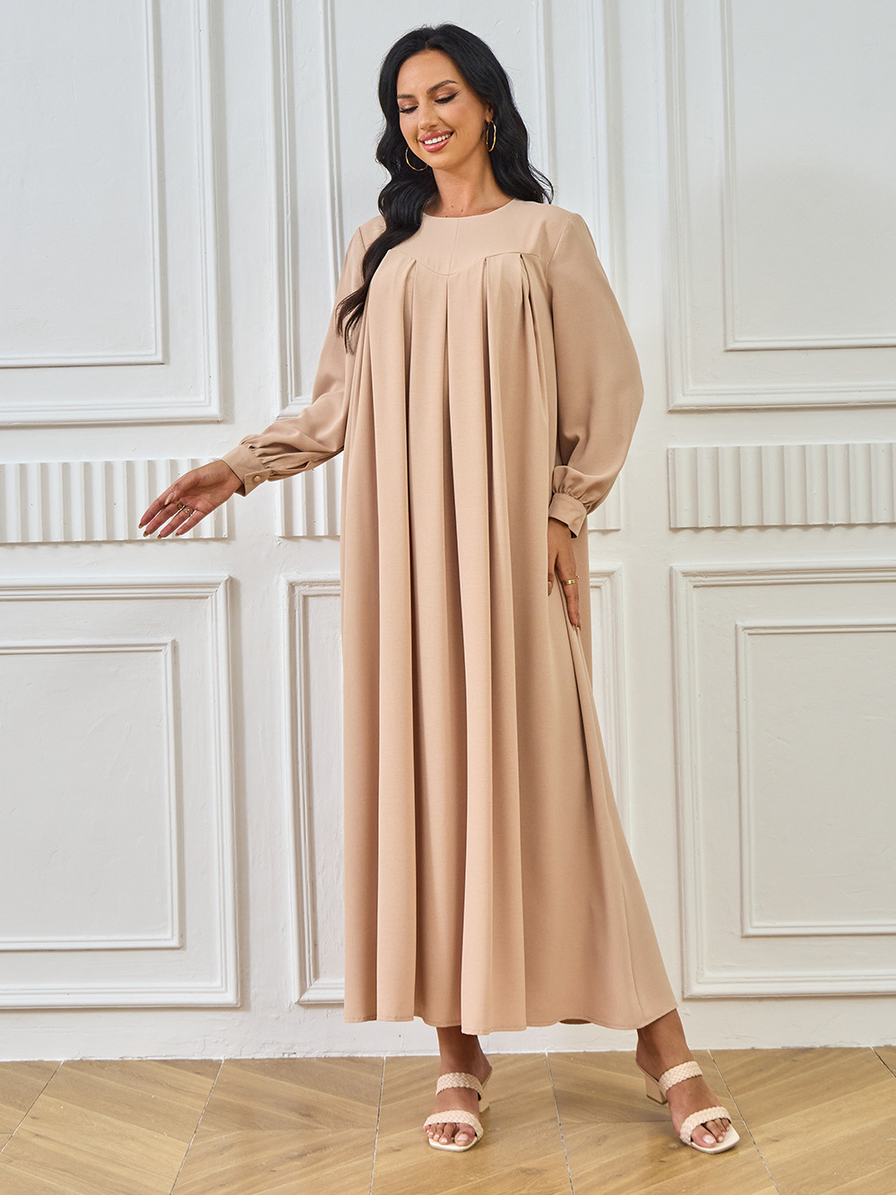 New Abaya Arab Cross-border Middle Eastern Muslim Robe Long-sleeved Solid Color Large Hem Dress Long Skirt Women's_ecoleips.com