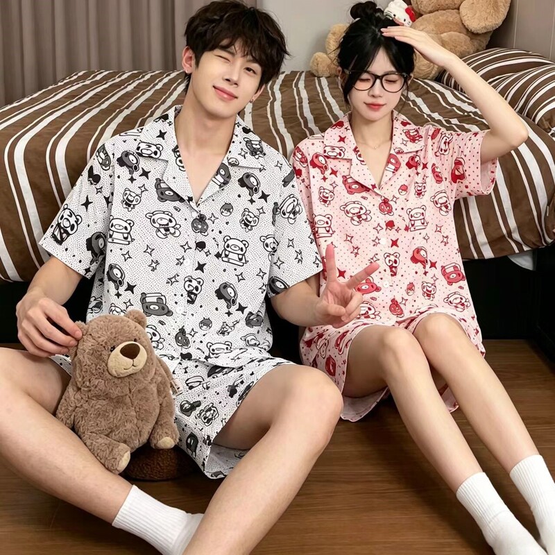 Violent Bear Ice Silk Couple Pajamas Women's New Summer Short-Sleeved Shorts Cute Cartoon Large Size Men's Home Clothes Set Violent Bear Ice Silk Couple Pajamas Women's New Summer Short-Sleeved Shorts Cute Cartoon Large Size Men's Home Clothes Set