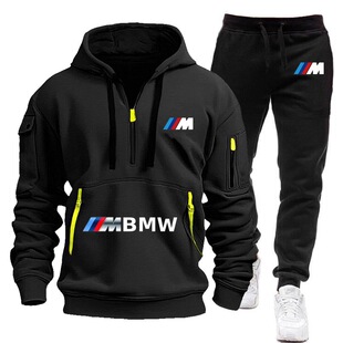 2025 New Arrival Spring and Autumn BMW Men's Multi-Pocket Zipper Jacket Sports Pants Two-Piece Set Jogging Casual Fitness