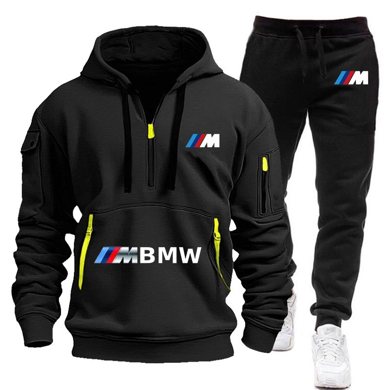 2025 New Spring Autumn Bmw Men's Multi-Pocket Zipper Jacket + Sweatpants Two-Piece Jogging Casual Fitness
