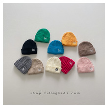 韩风糖果色儿童复古字母刺绣针织帽秋冬季小童宝宝保暖毛线套头帽