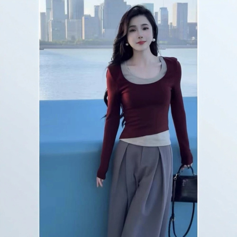 德绒撞色假两件长袖打底衫女早秋季修身显瘦洋气小众上衣外穿潮|undefined