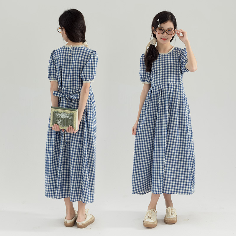 Girl's Pastoral Style dress Summer Mid-Big Kids Bubble Short-Sleeved French Style Parcel Pleated Dress